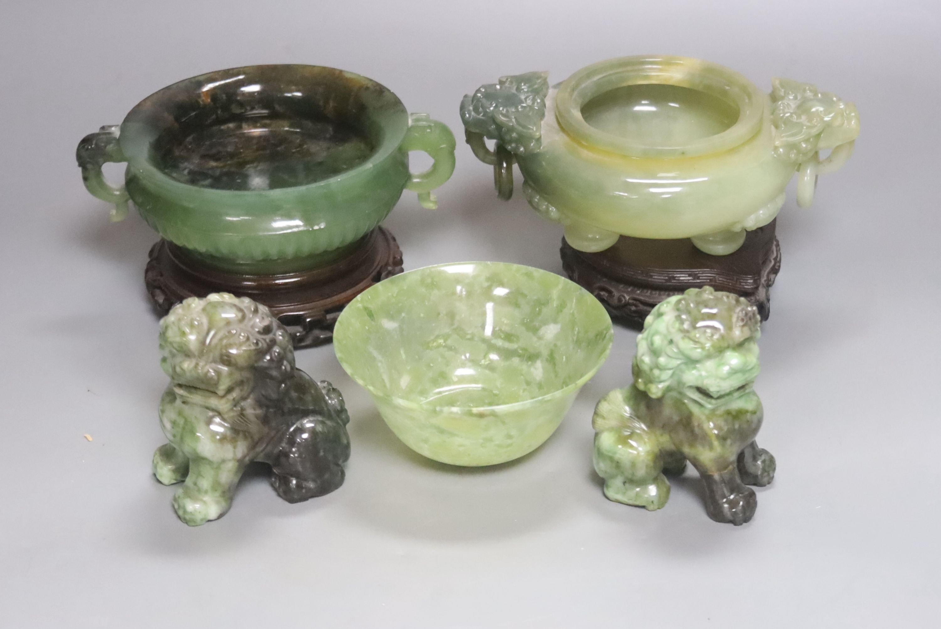 A pair Chinese jadeite temple dogs, two carved hardstone censers and a bowl, largest censer 16cm